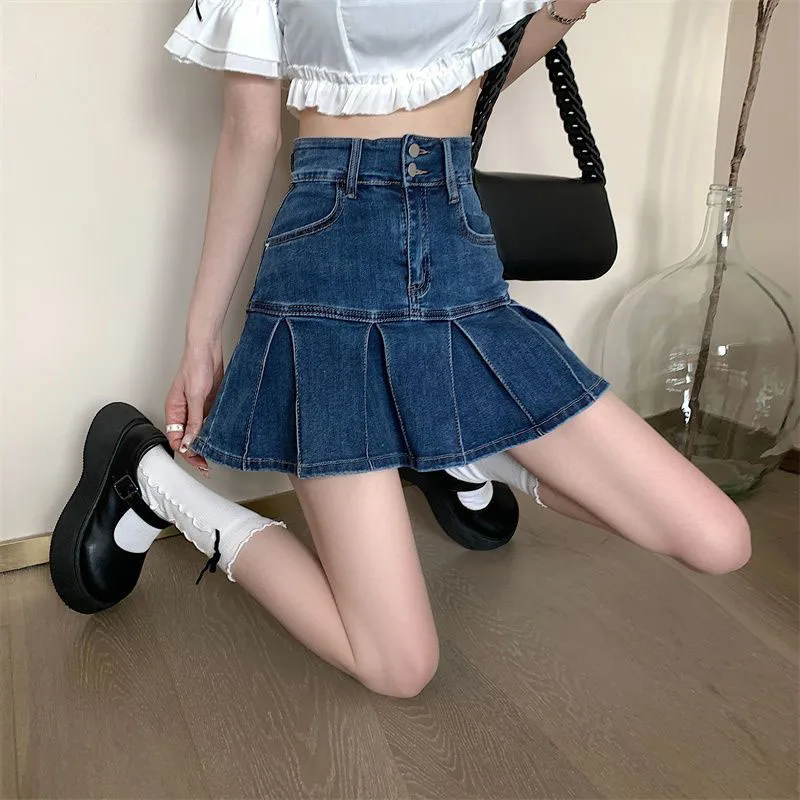 Lucyever Korean Style Women\'s Mini Denim Skirt Fashion High Waist A-Line Jean Skirts Woman 2025 Summer New Street Pleated Skirts