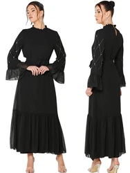 Eid Ramadan Black Jalabiya Dress for Muslim Abaya Women Flare Sleeve Diamond Dresses Party Belt Vestidos Dubai Robe Jalabiya