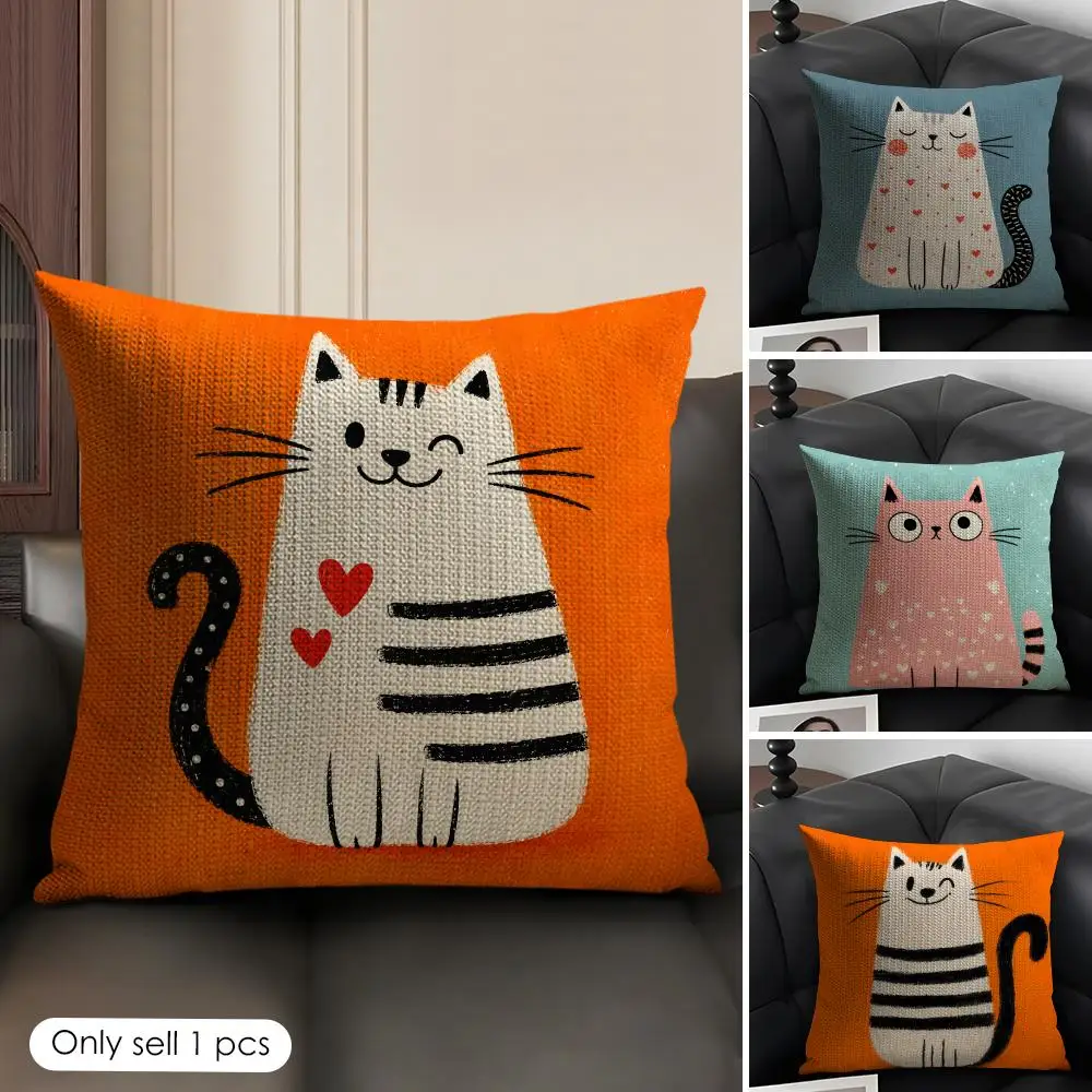 Image of Cartoon Niedliche Katzen-Kissenhülle aus Natürlichem Leinen, Organischer Stoff, Beidseitig Bedruckt, Sofakissenbezug, Wohndekor-Geschenk