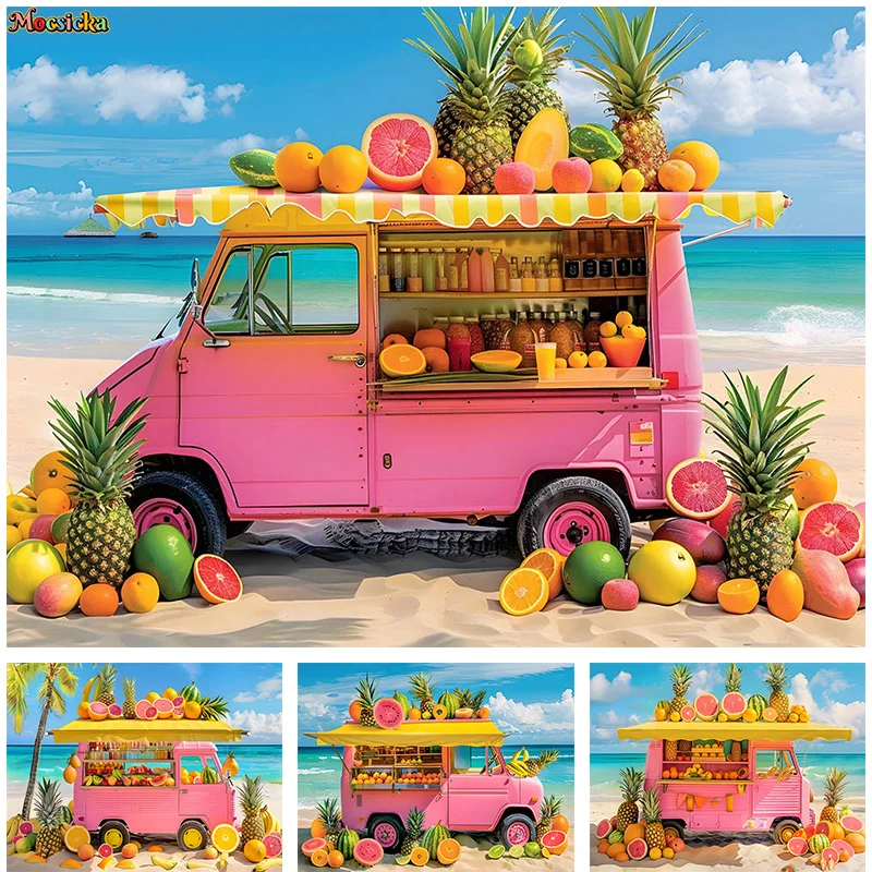 

Mocsicka Summer Photography Backdrop Beach Party Sea Pink Fruit Cart Background Kid Birthday Portrait Photo Banner Studio Prop