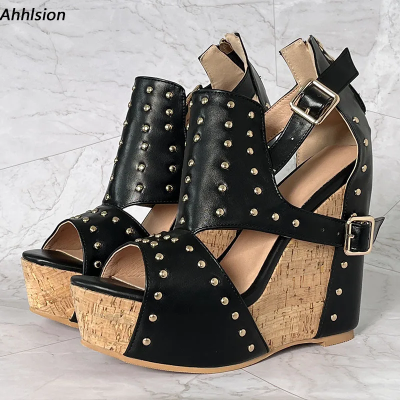 

Ahhlsion/Новые женские сандалии ручной работы на танкетке и каблуке с открытым носком, элегантные черные туфли для вечеринок, женские размеры США, большие размеры 5-20