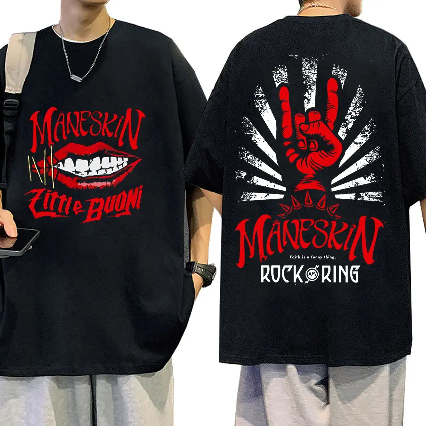 Rock Band Maneskin 2023 World Tour Vintage Graphic T-shirt Men's 100% Cotton Oversized T-shirts Hip Hop Trend Gothic Streetwear