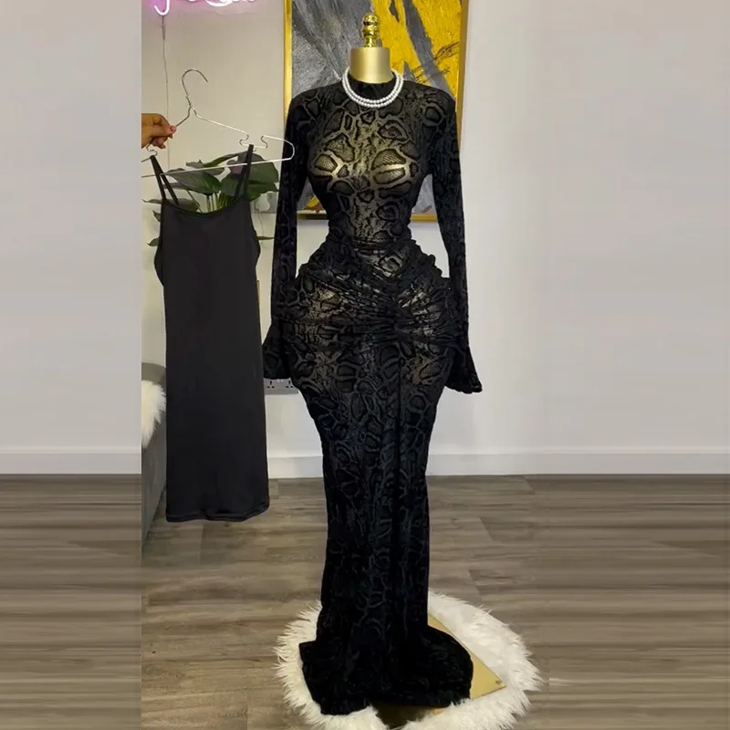 

Women's Spring New Temperament Elegant Half High Neck Lace Long Sleeve High Waist Package Hip Long Skirt Breathable Comfortable