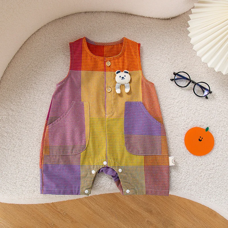 

Infant Bebe Romper Toddler Summer Girl Boy One-piece Newborn Kids Vintage Patchwork Color Vest Jumpsuit Plaid Buttons Clothing