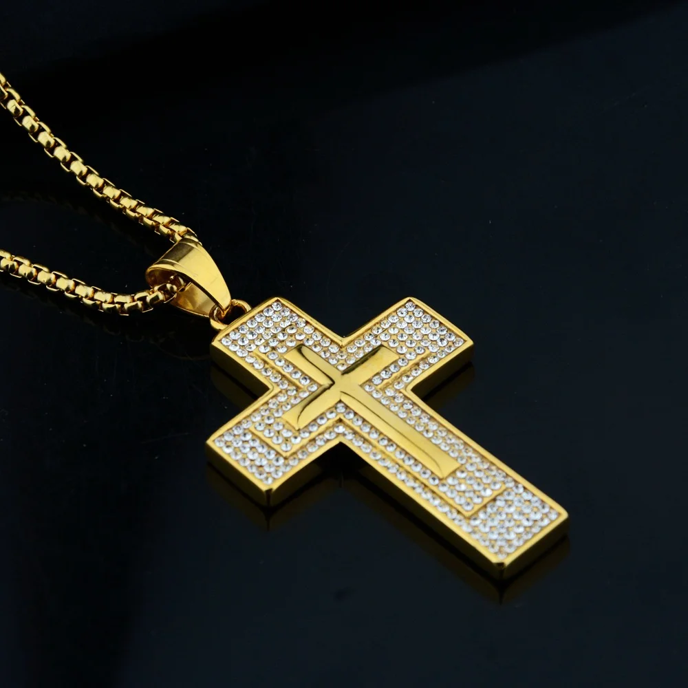 Religiöse Mode Iced Out Bling Jesus Kreuz Anhänger Männlich Gold Farbe Edelstahl Christian Große Halskette Für Männer Schmuck Geschenk