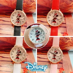 Disney Minnie Mouse Quartz Watches Cartoon Anime Women Watches Leather Strap Cute Wristwatches Student Clock Fashion Watch Gift