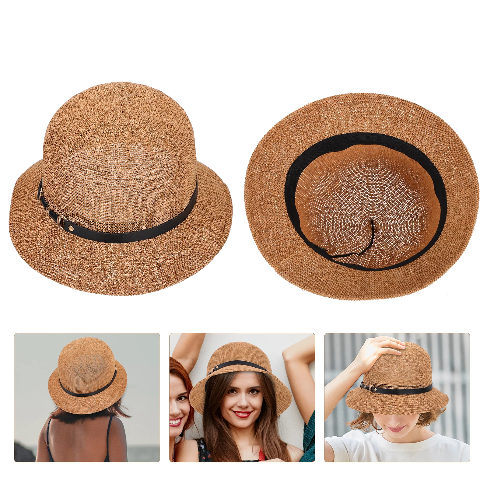 

1pc Wide Brim Straw Sun Hat Durable Outdoor Travel Hat For Women Breathable Handmade Sunhat With Strap Perfect Gift