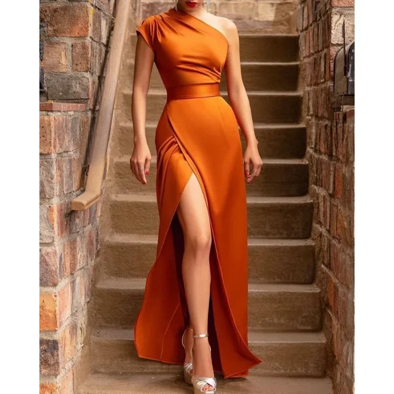 Elegant Banquet Summer Long Skirt Cinched Orange High Waist Temperament Commuter Sleeveless Solid Color Slanted Shoulder Dress