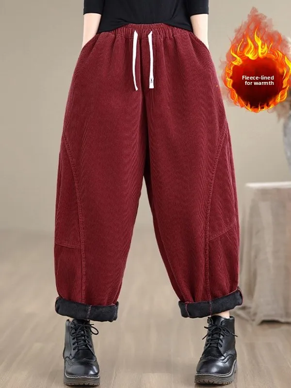 الرجعية Thiened Fce اصطف مرونة الخصر هارلان السراويل النسائية زائد حجم السراويل الدافئة عارضة القطن البوليستر مزيج الخريف... #2