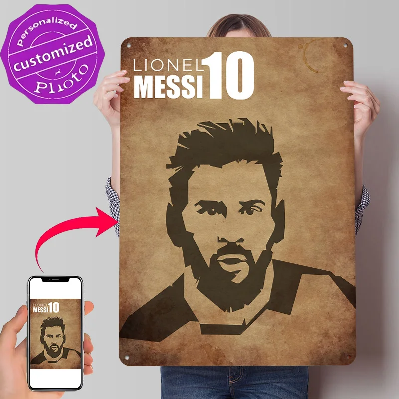 Lionel Messi Minimalist Portrait Art Personalized 3D Textured Metal Poster Wall Art Tinplate Sign for Decor Room House Wand Deko