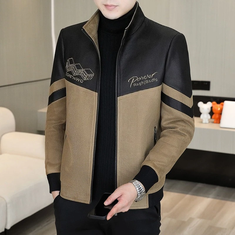 

2025 Autumn Winter Jacket Men's Stand Up Collar Splicing Thick Velvet Jacket Slim Fit Warm Casual Business Jacket Outwear Coats