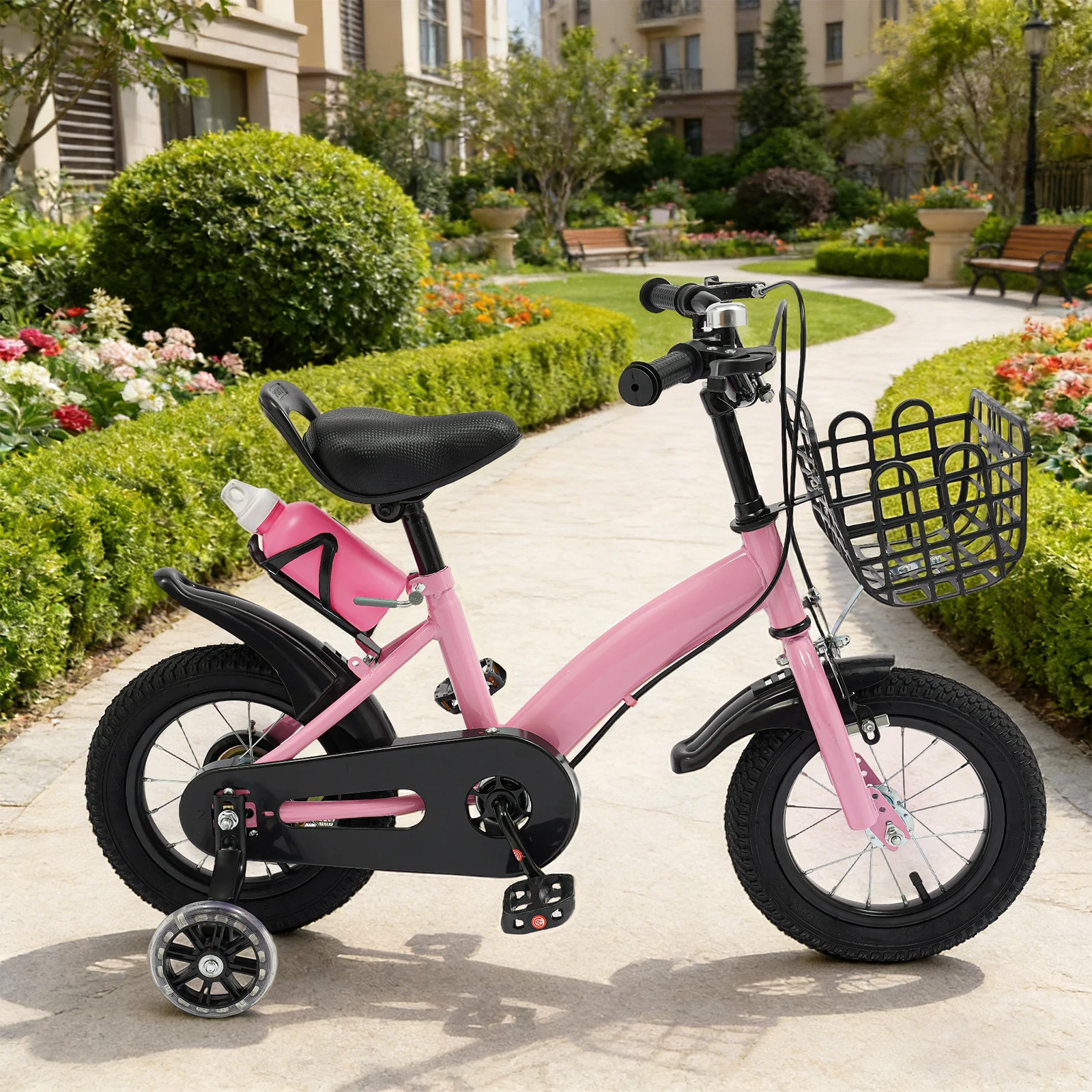 Vélo rose pour enfants de 12 pouces, vélo pour enfants de 2 à 5 ans, siège et guidon réglables, avec roues auxiliaires, panier de rangement