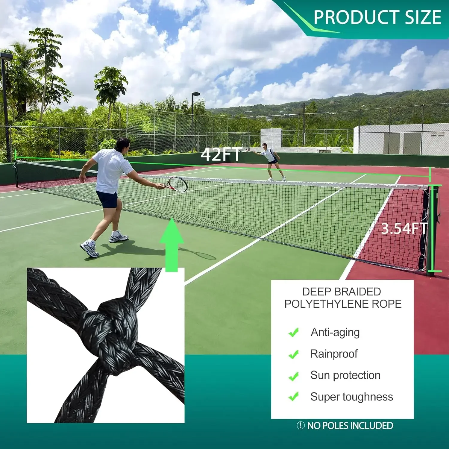 Professional Tennis Net 42FT Heavy Duty Nylon Net High Strength Non-Deforming Standard Replacement Tennis Net with 2 Fib