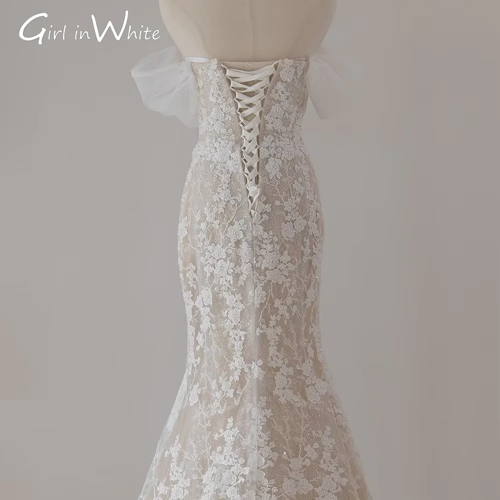 Sweetheart Women's Long Dress Off Shoulder For Wedding A-line Scoop Wedding Dress Short Sleeves Lace Up robe de marie customized