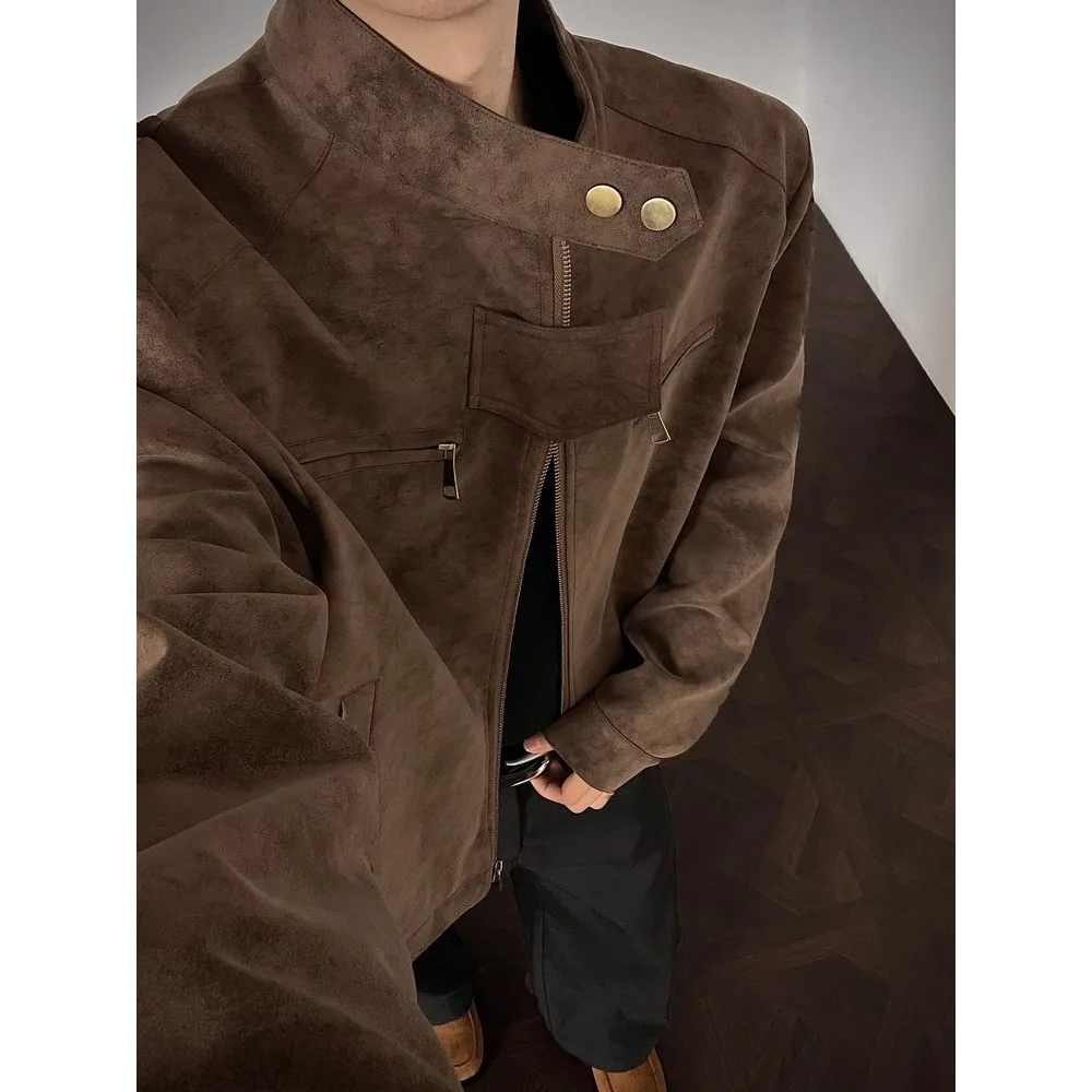 

Американский ретро коричневый окрашенный кожаный джет, мужской джерт из искусственной кожи с воротником-стойкой, весенне-осенний джат с высоким чувствительным движением, крутой