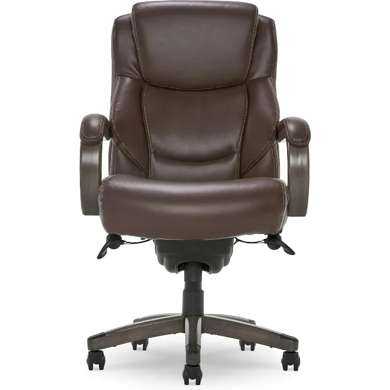 Big And Tall Executive Office Chair High Back Ergonomic Lumbar Support, Bonded Leather, Brown with Weathered Gray Wood