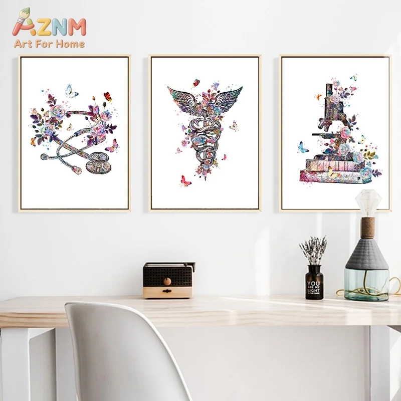 AZNM Unframed Canvas Print Medical Floral Watercolor Wall Art Stethoscope Caduceus Microscope Decor Poster