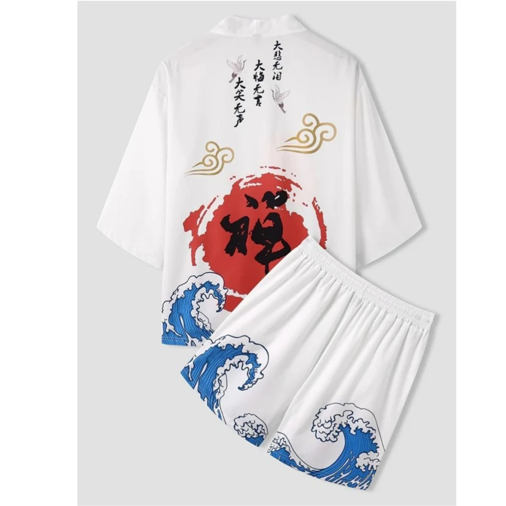 Two-piece Suit Japanese Cardigan Boys Girls Cosplay Zen Print Yukata Red Kimono Shorts Sets Patchwork Asian Traditional