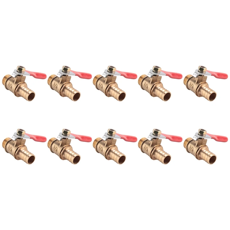 

LUDA 10Pcs 10Mm X 1/4 Inch PT Male Thread Full Port Lever Handle Hose Barb Brass Ball Valve