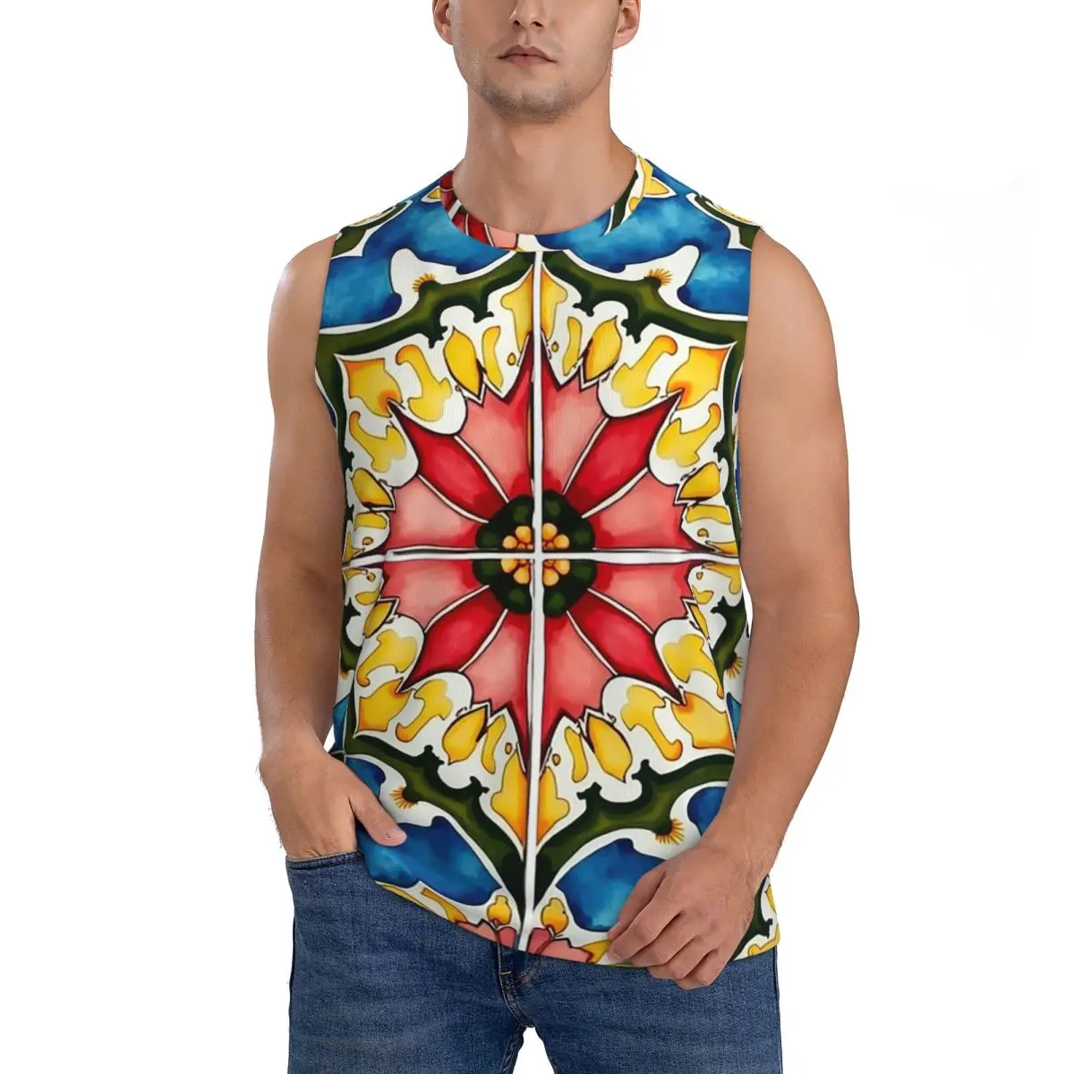 Mediterranean,colorful,vibrant,mosaic Tiles Art 1 Men Sleeveless Tank Tops Quick Dry Breathable Gym Fitness Running Sport Vest