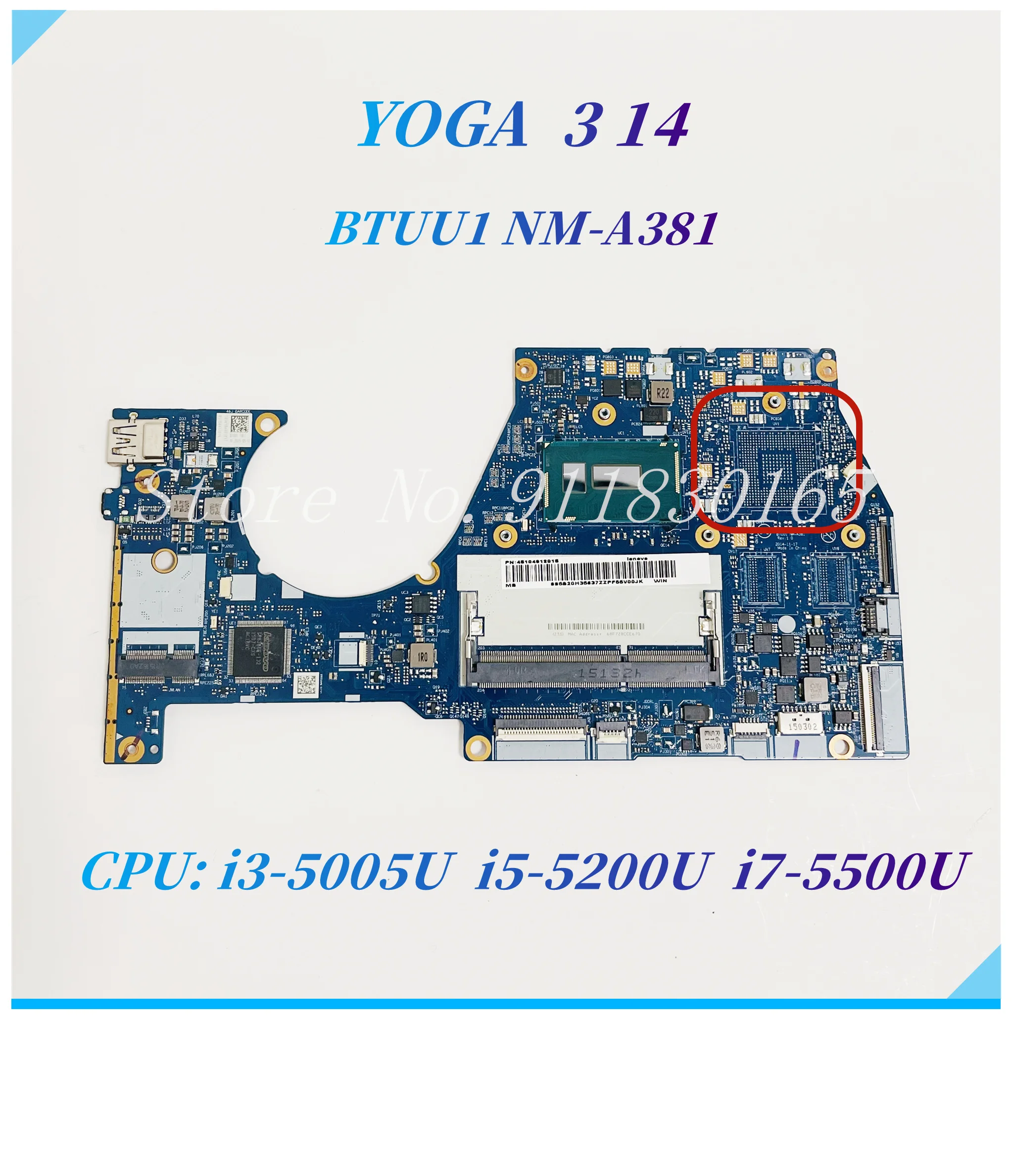 BTUU1 NM-A381 For Lenovo Yoga 3 14 Laptop Motherboard With Core i3-5005U i5-5200U i7-5500U CPU UMA DDR3L Main board 100% Work