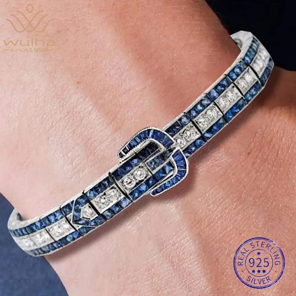 

WUIHA Vintage 100% 925 Sterling Silver High Carbon Diamonds Lab Sapphire Gemstones Bracelet Bangle Fine Jewelry Wholesale