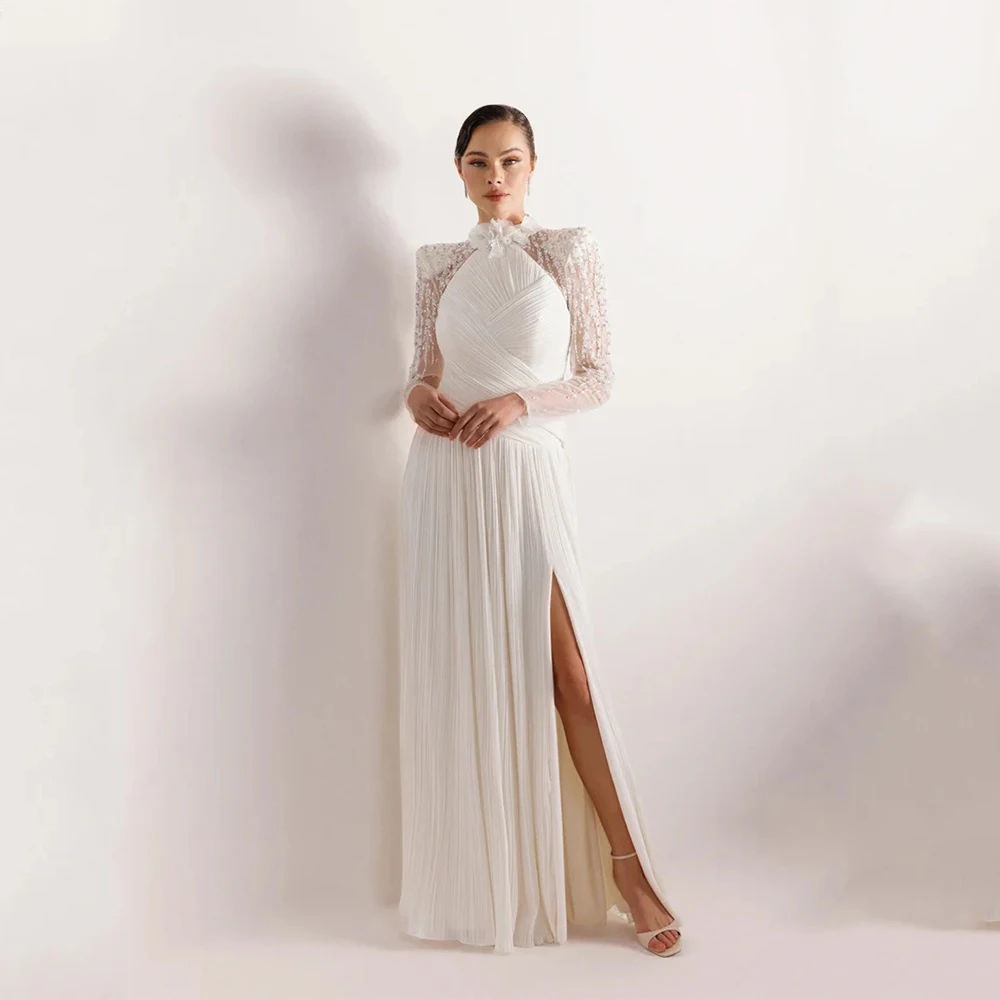 

High Quality Elegant White Customized Chiffon Evening Dress Halter A-line Slit with Lace Flowers Prom Gown 2026 for Floor Length