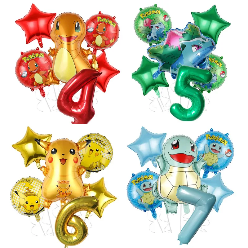 6-teiliges Pokemon Cartoon Geburtstagsparty Dekorations-Set Folienballons Glurak Ballons Set Party Überraschung Zahlen-Dekoration