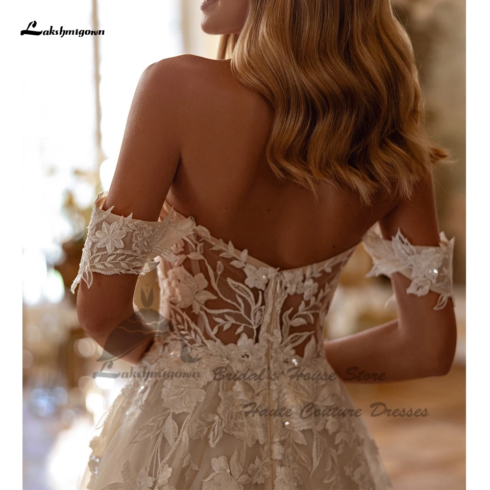 Lakshmigown Luxuriöse Spitzen-Boho-Strandhochzeitskleider 2026, schulterfreie, glitzernde Tüll-Brautkleider, lange Brautkleider mit Herzausschnitt, Vestido De Novia – Detail 4