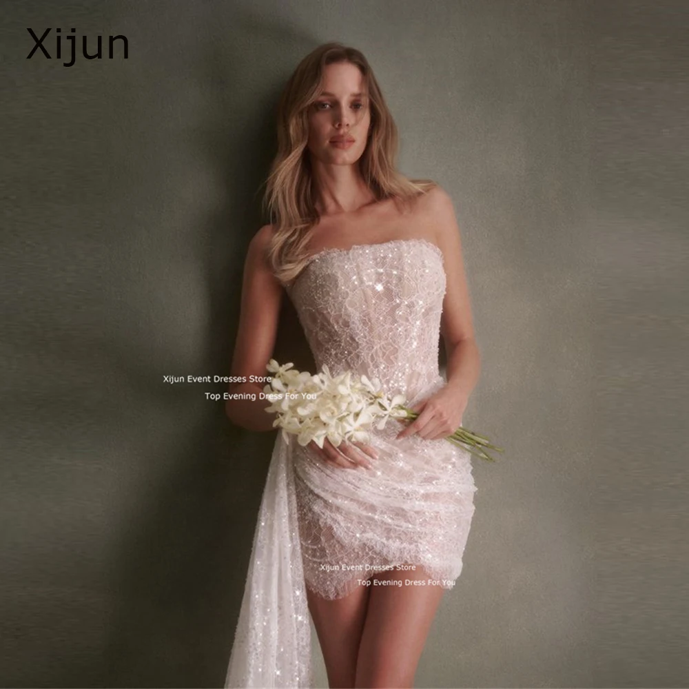 

Xijun Glitter Ivory Mini Wedding Dresses Lace Sleeveless Pleats Bridal Gowns Sequined Coacktail Wedding Party Gowns Customized