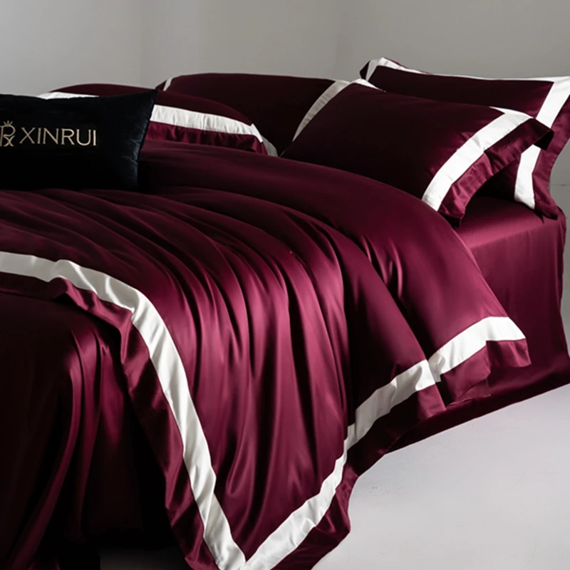 Wine Red Solid Color Egyptian Cotton Bedding Set, Duvet Cover, Linen Fitted Sheet, Pillowcases, Home Textile