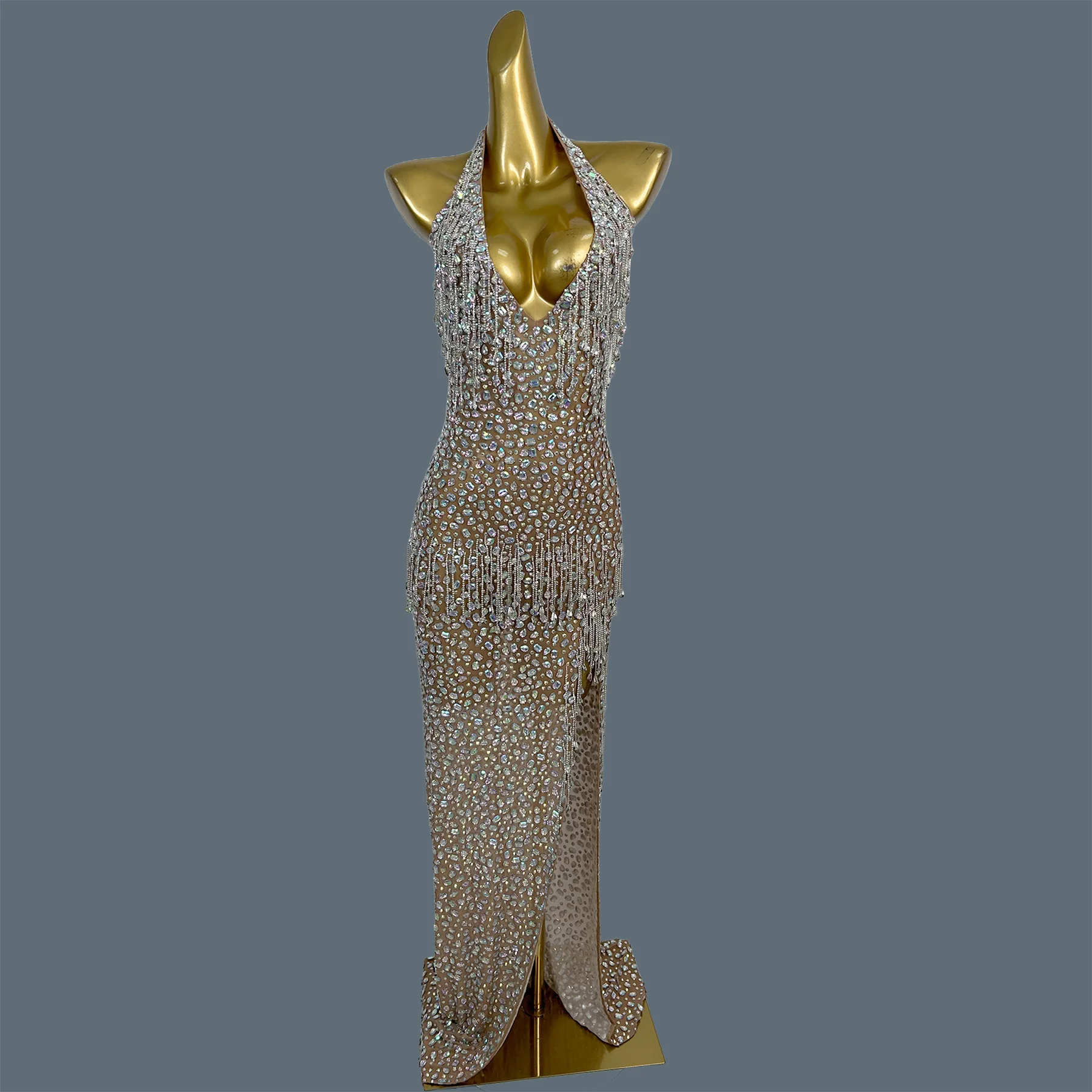 Women Sexy Sparkly Crystals Tassel Evening Gown High Slit Deep V-neck Hanging Neck Elegant Luxury Mesh Long Dress Wulongweibo