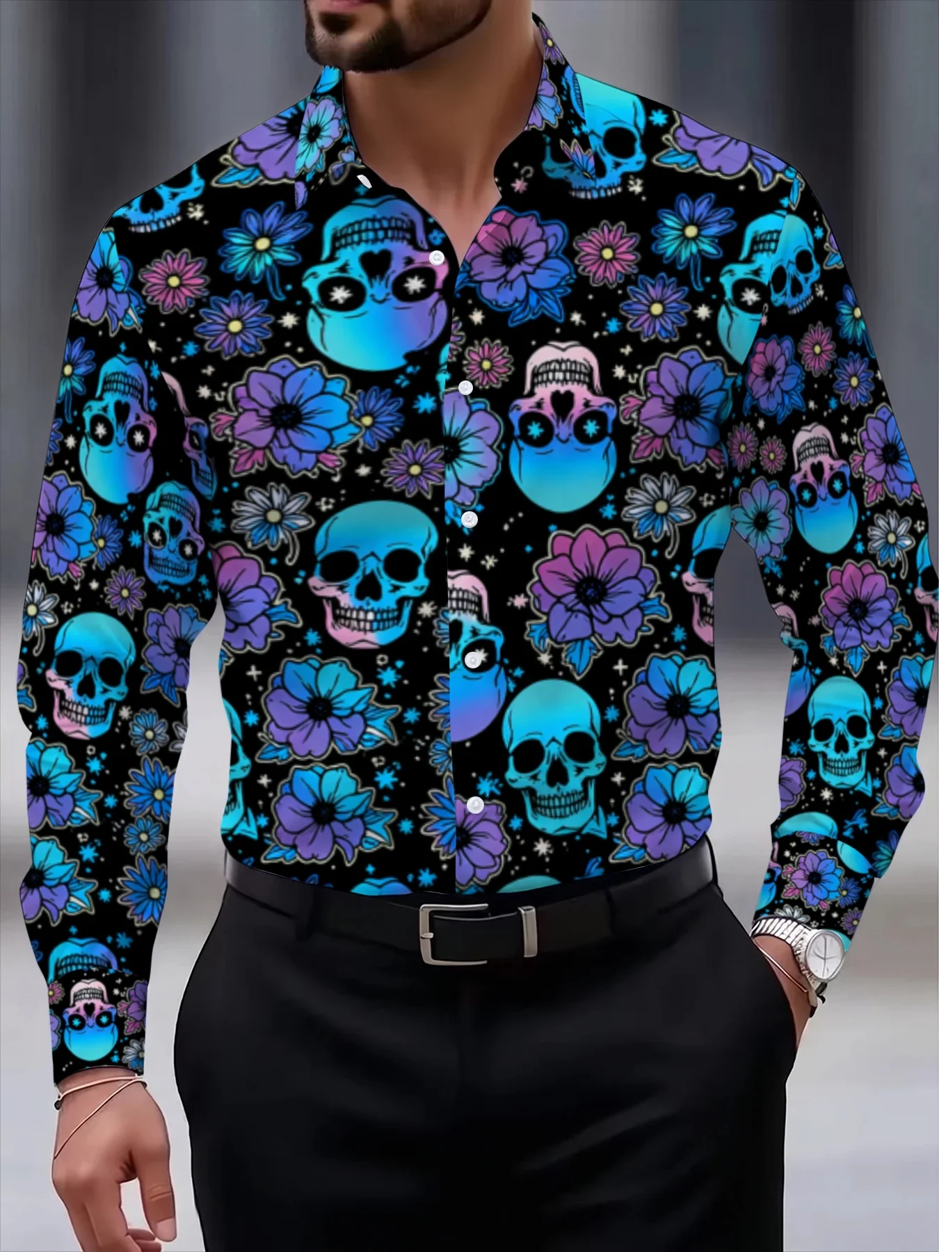 Men Long-Sleeve Button-Down Shirt Black Blue Purple Floral Skull Print Polyester Lapel Collar Halloween Party Top