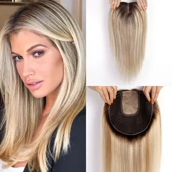 Toppers per capelli umani Remy con evidenziazione bionda marrone Clip in parrucchino dritto da 16 pollici per estensioni dei capelli Topper con base in seta da donna