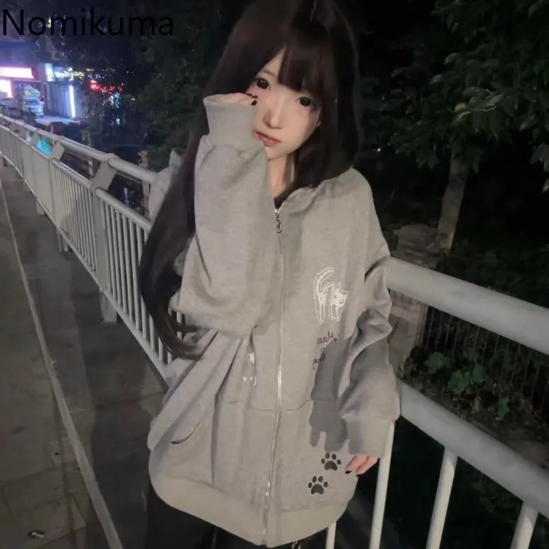 Gray Cat Ears Long Sleeve Zip Up Hoodie Women Clothing Hooded Sweater Coat Japanese Cute Oversized Tops Casual Chic Sweatshirt