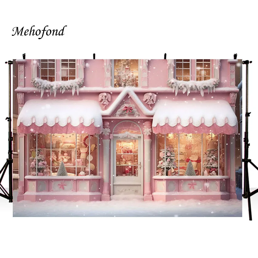 Avezano Christmas Candy Store Backdrops Winter Snow Xmas Tree Outdoor Pink Blue House Portrait Photography Background Photocall