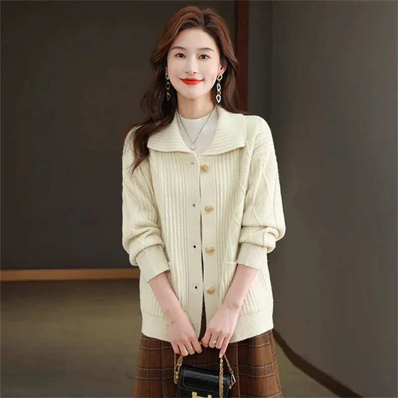 Maglione Cardigan lavorato a maglia con colletto rovesciato primavera autunno 2024 nuovo maglione Casual a maniche lunghe giacche maglieria femminile top