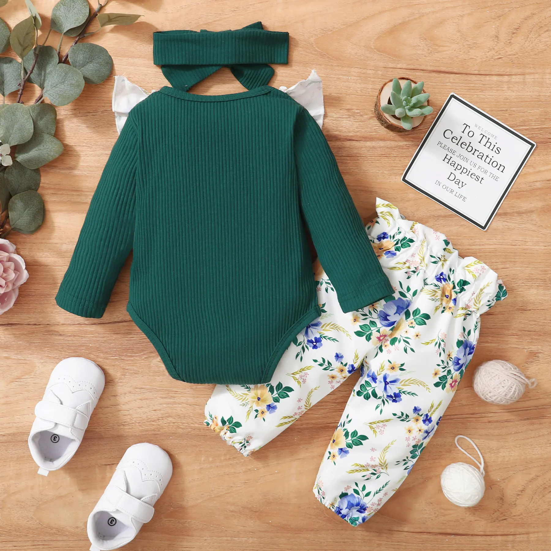 0-2 Year Old Newborn Baby Girls Spring  Autumn Long Sleeved Round Neck  Jumpsuit With Floral Printed Pants Fashion Set