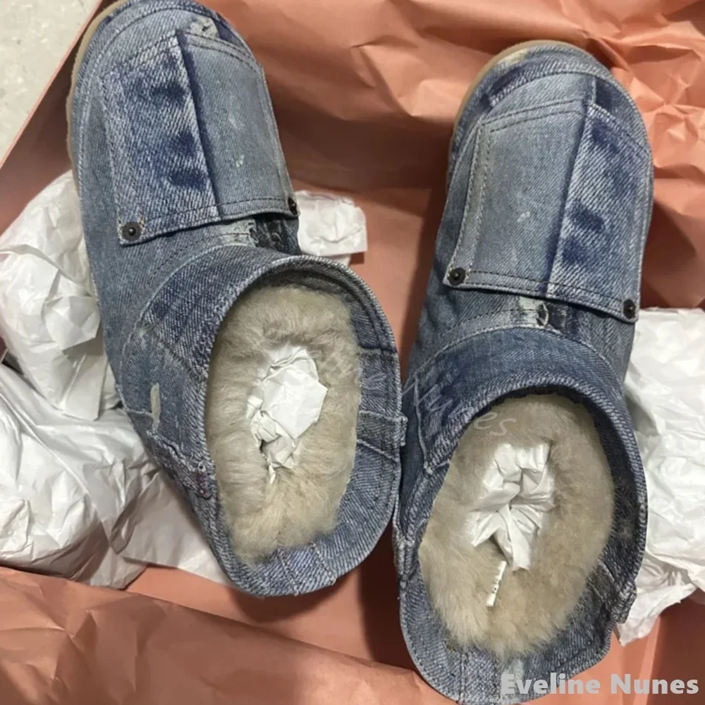 Plush Retro Denim Snow Boots Women Round Toe Thick Sole Slip On Anti-slip Mid Calf Boots 2025 Winter Warm New Fashion Short Boot