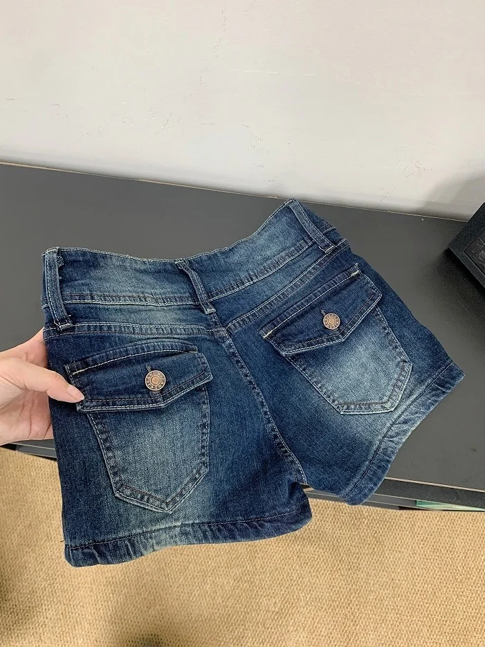 American Style Low Waist Double Buckle Denim Shorts Women Summer New Hot Pants Hip Enhancing Slimming A-Line Bodycon Shorts