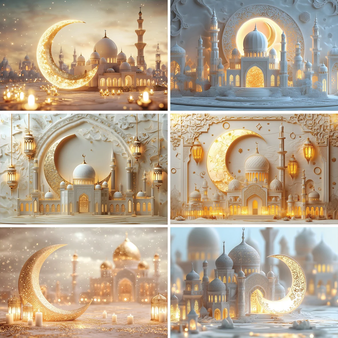 Eid Mubarak Golden Moon Mosque Photography Background Candles Light Lantern Muslim Ramadan Festival Room Decor Photo Backdrops