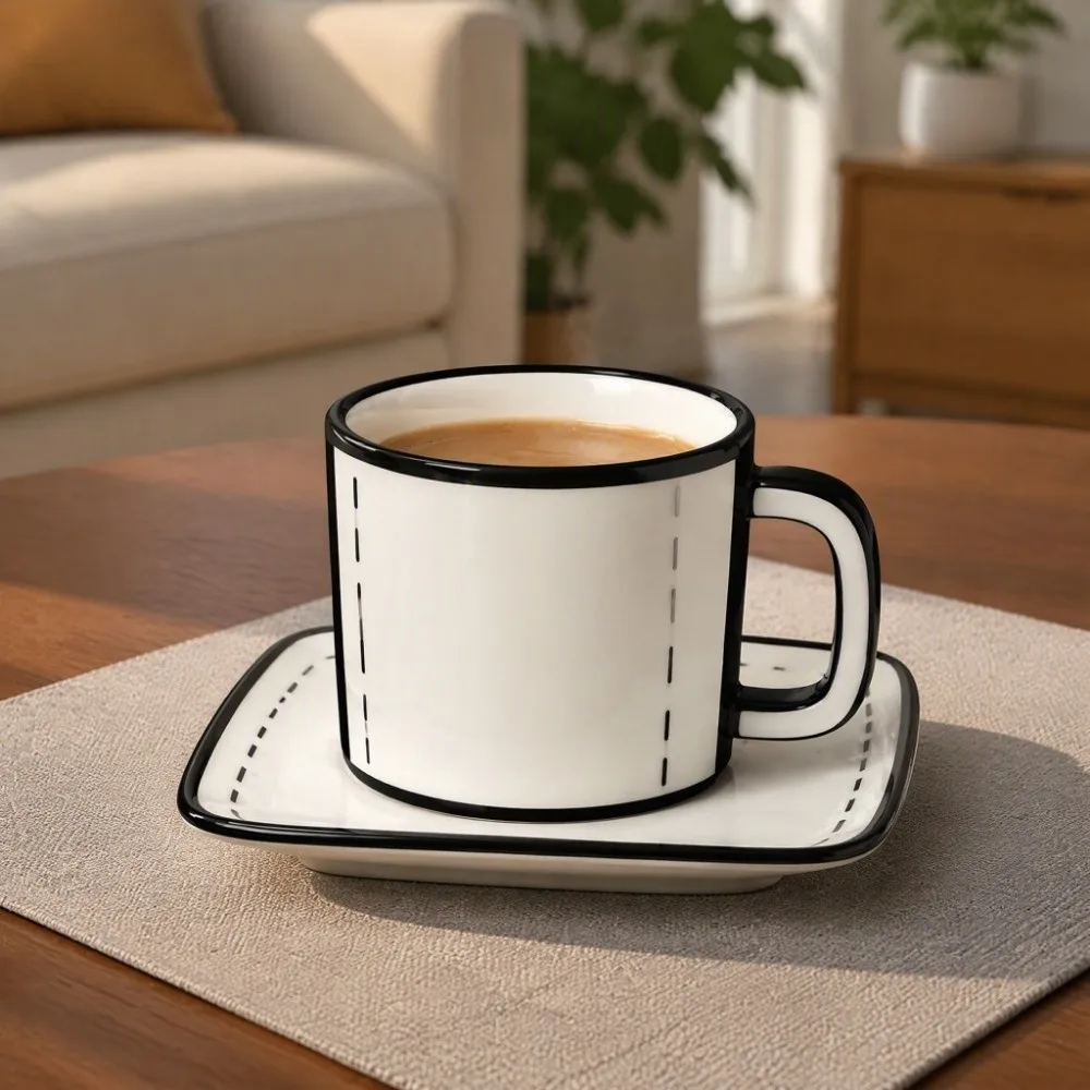 Ceramic Comic Mug Comic Style Large Capacity Cartoon Coffee Cup Black Rim Outline with Saucer Anime Water Drink Cup