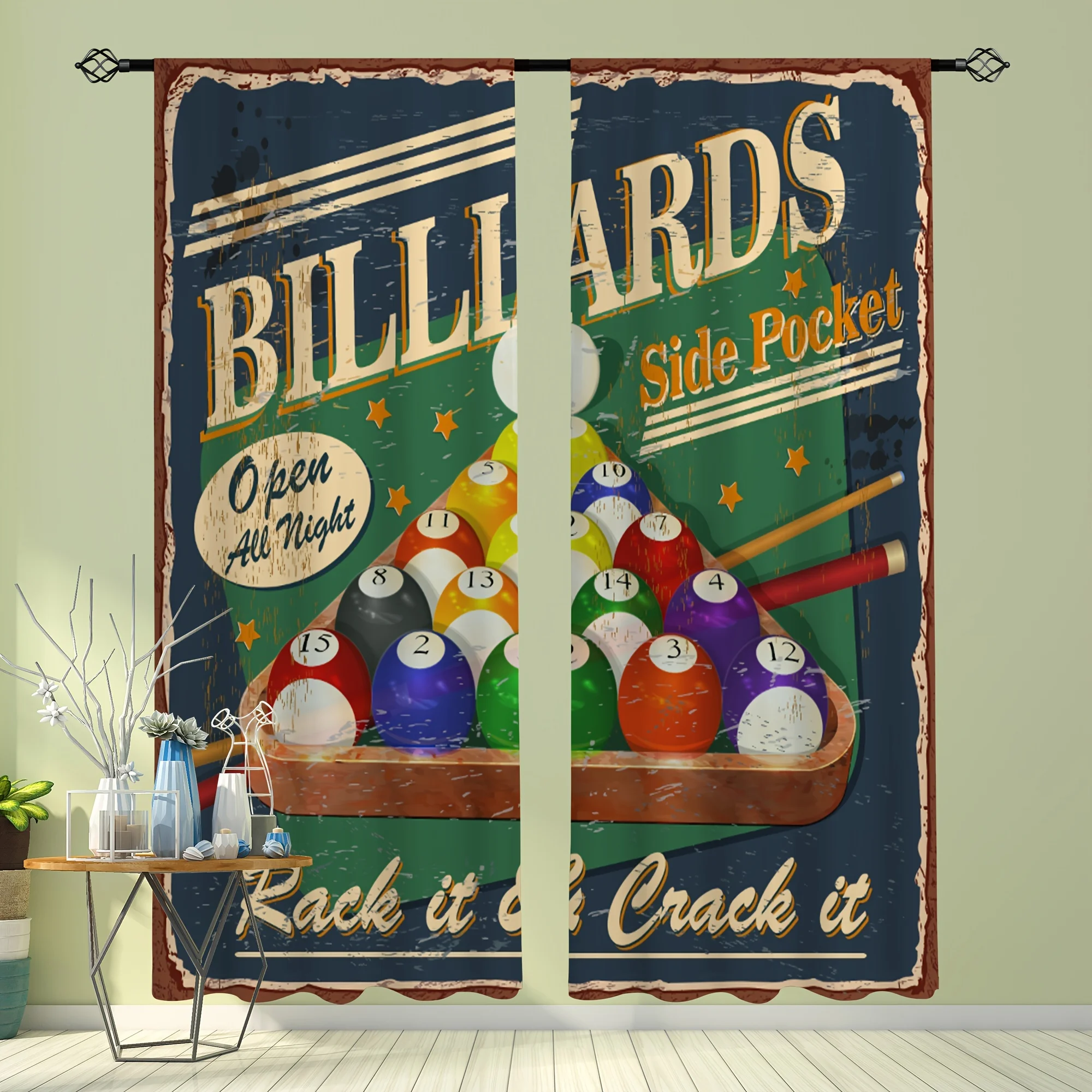 Vintage Billiards Curtain, Retro Pool Balls Window Drape, Snooker Game Room Blackout Panel, Man Cave Bar Home Decor