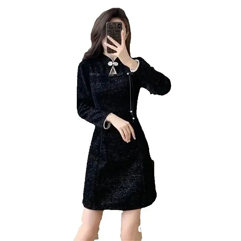 

Autumn Winter Thicken Dress 2025 New Coil Buckle Stand-Up Collar Women's Clothes Blouse Solid Color Fashion Female A Word Skirt