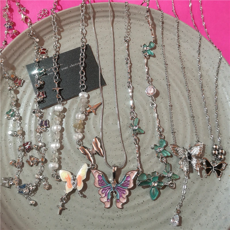 Y2K Cute Harajuku Colorful Butterfly Pendant Choker Clavicle Chain Necklace Charm Accessories For Girl Aesthetic Trendy Jewelry