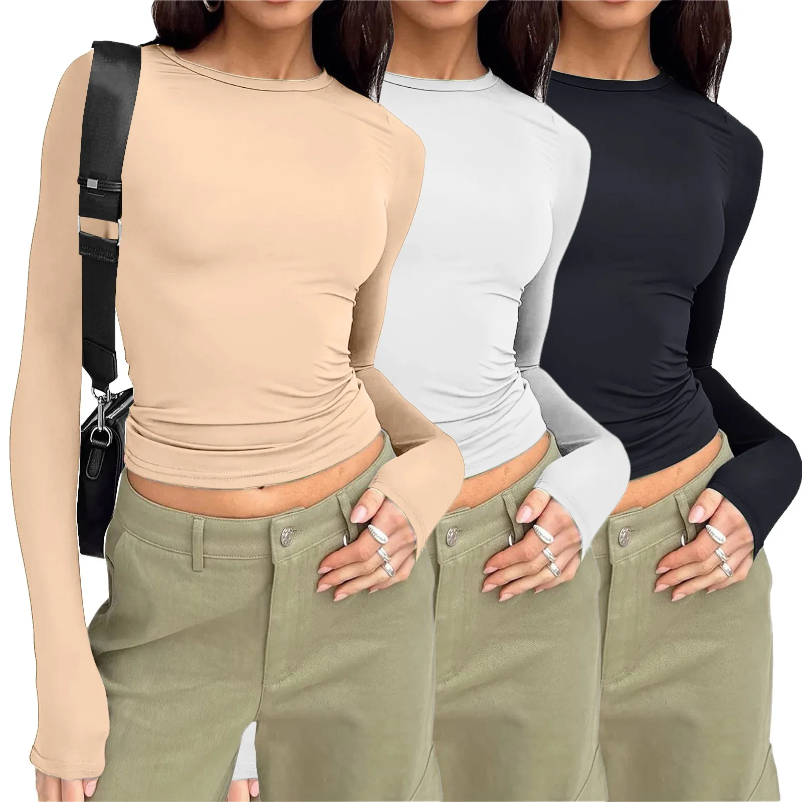 3-teiliges Damen-Set mit langen Ärmeln, Herbst-Basic-T-Shirt, kurze Version des Top-T-Shirts zum Ausgehen, Herbstmode, Unterwäsche, T-Shirt