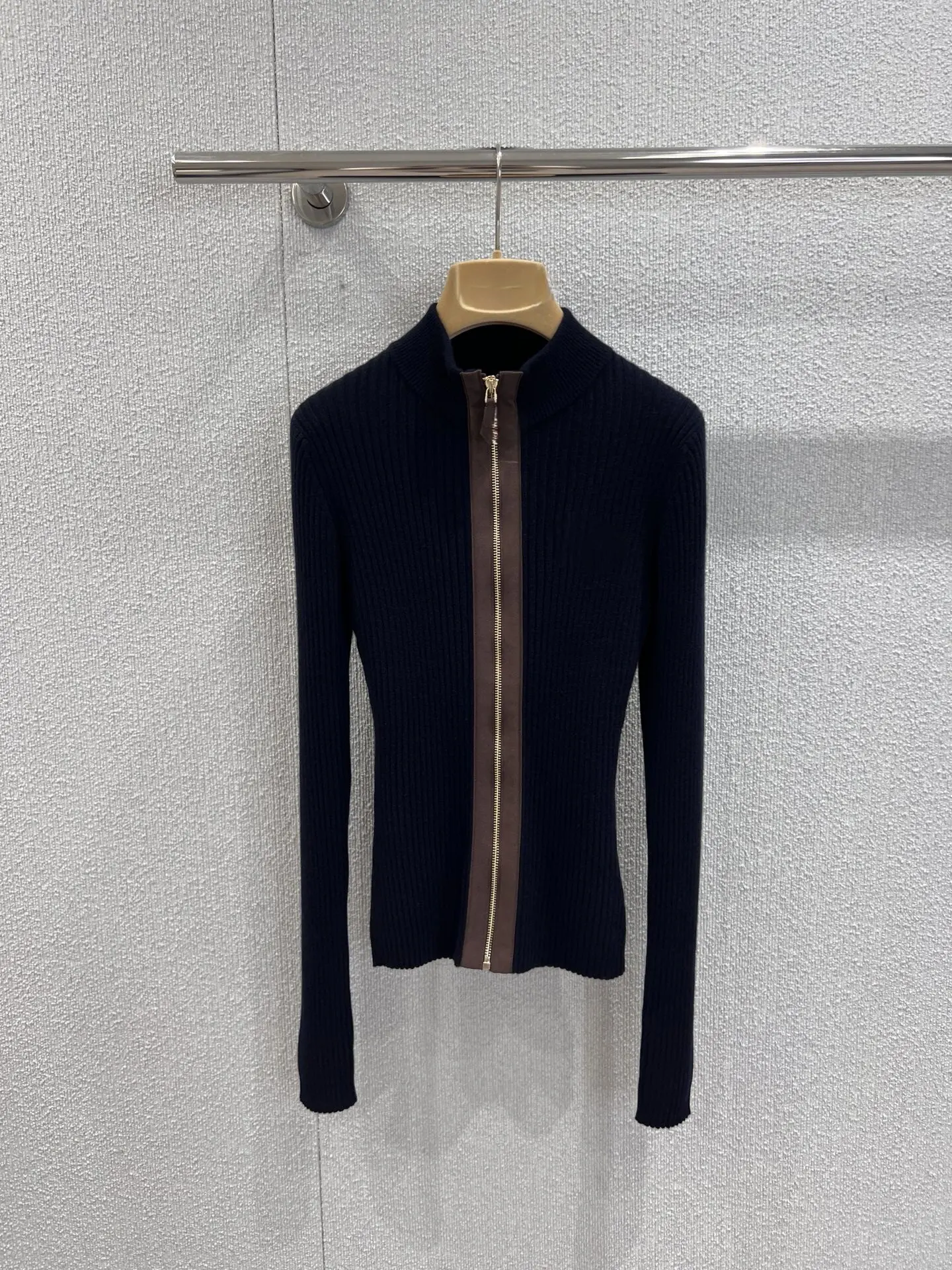 High Street Stitching Knitted Cardigan 2026 New Slimming Stand Collar Zipper Elegant All-match Fashionable Shirt For Women