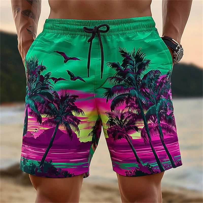 Мужские пляжные шорты с 3D-принтом «Неоновый закат», повседневные летние плавки, легкие, быстросохнущие, для пляжа, серфинга и активного отдыха