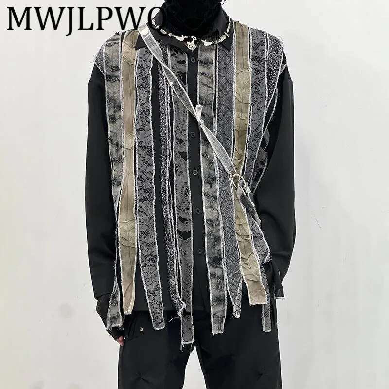 

MWJLPWQ Lace Up Design Male Shirt 2025 New High Street Single Breasted Contrast Color Long Sleeve Unisex Loose Casual Tops 11797