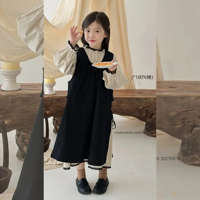 Children Clothes Set Girls Long Sleeved Dress 2023 New Spring and Autumn Korean Style Casual Simple Dress Two Piece Set